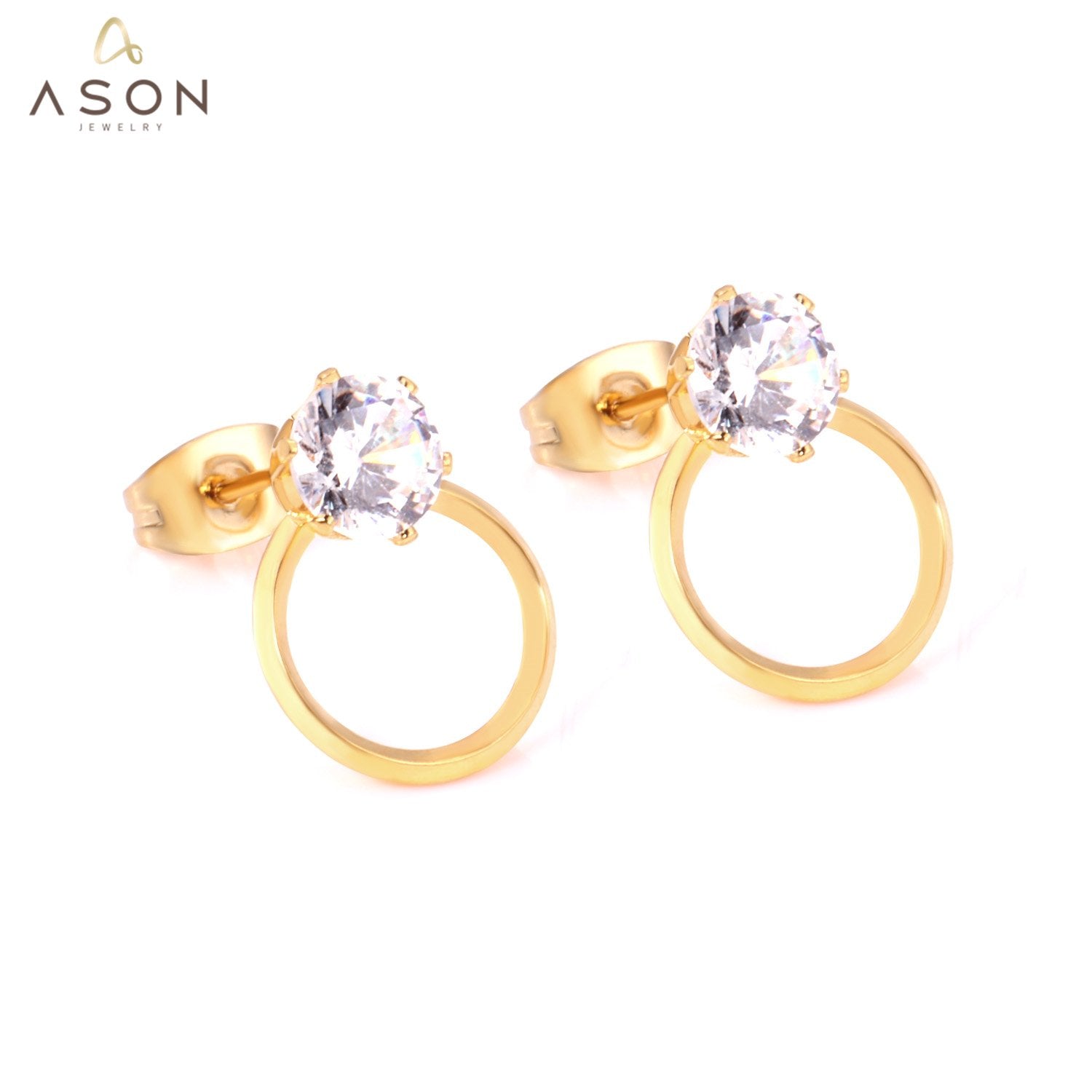 ASON Wedding Jewelry Round Cubic Zirconia Anti-allergy Stud Earring Stainless Steel Round Earrings Female Accessories Party asonjewelry